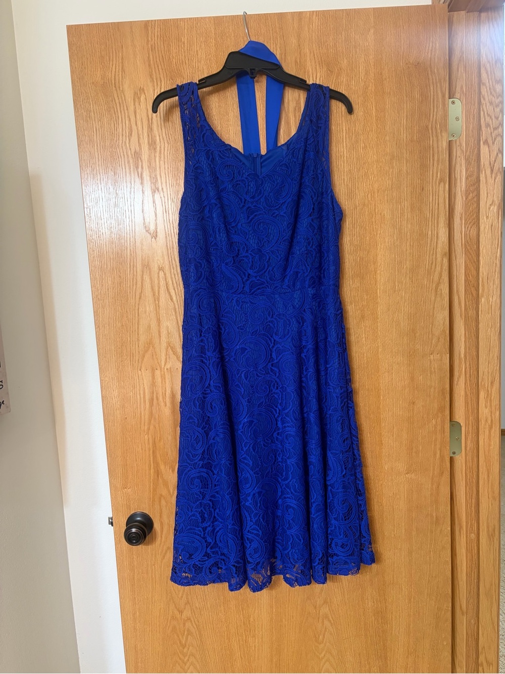 Royal Blue Lace A-Line Dress with Waist Tie - Picture 3 of 11
